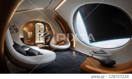 Futuristic space habitat with a stunning view of Earth during sunset from a sleek interior 126727220