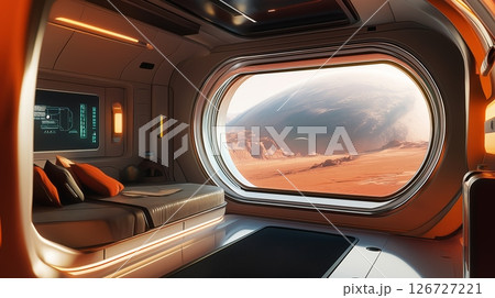 Futuristic space habitat with a stunning view of Earth during sunset from a sleek interior 126727221