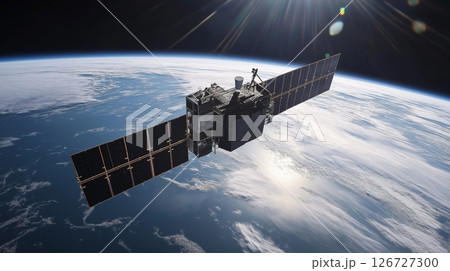 Satellite in orbit above Earth capturing stunning view of blue planet and clouds 126727300