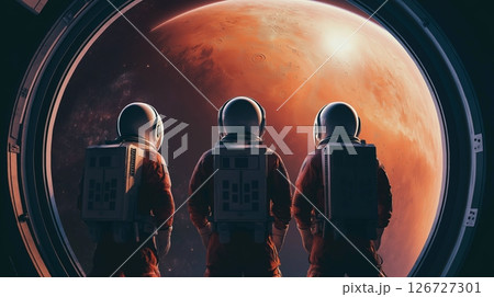 Exploration team of astronauts observing a vibrant red planet from a spacecraft window in deep space 126727301