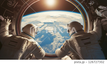 Astronauts looking at Earth planet from a space station during a mission in low Earth orbit 126727302