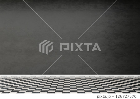 Spacious room features a checkerboard floor and a dark gray wall, providing a blank canvas for future design elements and furniture arrangement to create a personalized space 126727370