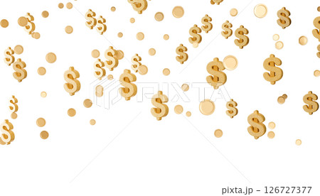Gold dollar signs cascading down against a pure white background, evoke feelings of prosperity and financial gain. The 3D render illustrates a dynamic flow of wealth. Header with dollars. Gold dollar signs cascading down against a pure white background, evoke feelings of prosperity and financial gain. The 3D render illustrates a dynamic flow of wealth. Header with dollars. 126727377