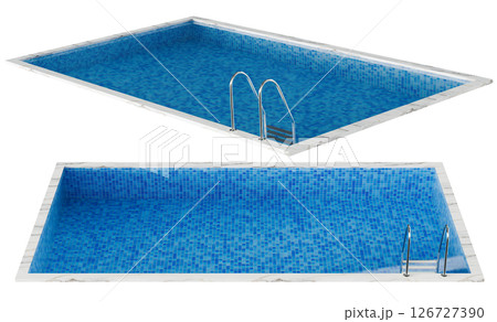 This 3D render displays a rectangular swimming pool from both front and side perspectives, featuring a vibrant blue interior and stylish marble edges. Isolated on white background. 126727390