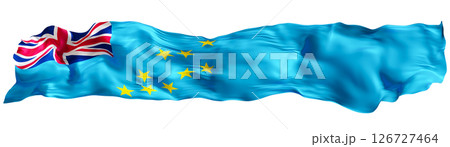 Stylized flag of Tuvalu waving in the wind, isolated on white background. Footer, header or divider. Cut out wide, panoramic element. Banner for patriotic themes or national event promotions. 3D. 126727464