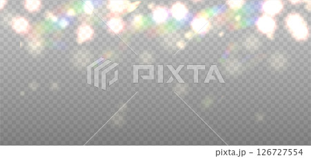 Abstract rainbow refraction glow and bokeh effect. Warm crystal light leak flare reflection effect. Transparent refraction background. Vector overlay for holiday festive effect. 126727554