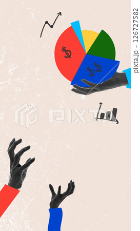 Outsider. Hand reaches up toward pie chart without touching symbolizing exclusion from decision-making. Modern conceptual collage 126727582