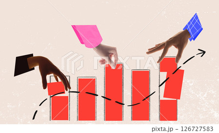 Fair Share. Diverse hands in colored sleeves equally divide pie chart symbolizing teamwork, balance and inclusion. Surreal business collage 126727583