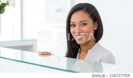 Smiling woman at reception desk, modern office Smiling woman at reception desk, modern office 126727704