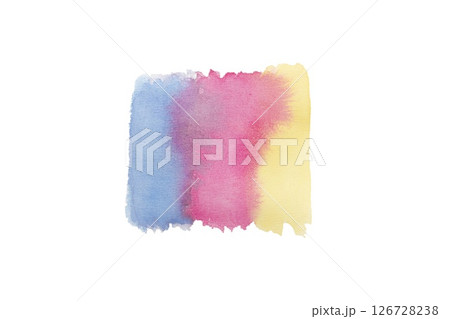 Watercolor illustration with vibrant blue, pink and yellow hues blending seamlessly to create a warm and inviting abstract background for creative projects and designs. 126728238