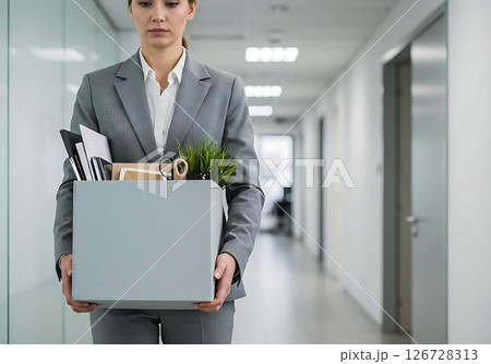 Sad Businesswoman Leaving Office, Box 126728313