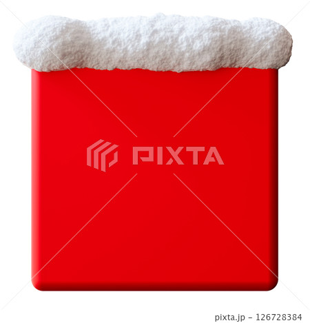 Bright red square banner adorned with a fluffy snow cap rests isolated on a pure white background. This three dimensional render offers space for various advertising text and promotional content Bright red square banner adorned with a fluffy snow cap rests isolated on a pure white background. This three dimensional render offers space for various advertising text and promotional content 126728384