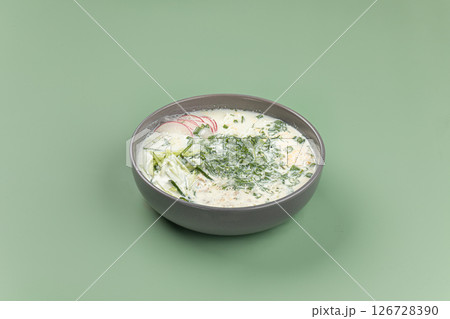 Portion of cold summer russian soup okroshka Portion of cold summer russian soup okroshka 126728390