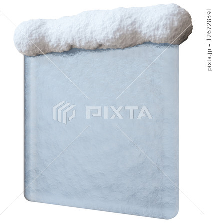 A clear, three-dimensional square banner is designed for advertisements, topped with a realistic snow cap. It features a pristine white background, emphasizing its blank space ideal for text 126728391