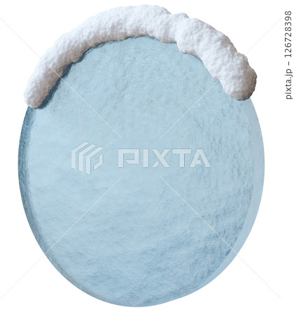 This circular banner features a smooth ice surface topped with a layer of snow, perfect for seasonal advertising or promotional text. Isolated on a white background, it emphasizes winter themes 126728398