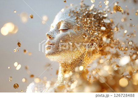 A glass silhouette of a woman captivates with translucent beauty, surrounded by shimmering gold particles. Ethereal lighting enhances the luxurious feel, creating an inviting space A glass silhouette of a woman captivates with translucent beauty, surrounded by shimmering gold particles. Ethereal lighting enhances the luxurious feel, creating an inviting space 126728488