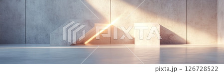 This abstract concrete environment features geometric panel walls illuminated by a soft ambient glow, creating a moody and luxurious atmosphere perfect for creative presentations or displays This abstract concrete environment features geometric panel walls illuminated by a soft ambient glow, creating a moody and luxurious atmosphere perfect for creative presentations or displays 126728522