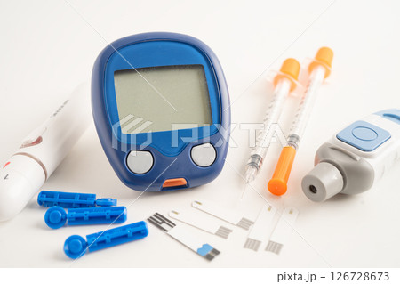 Digital glucometer blood sugar measurement for diabetes. 126728673