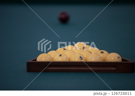 Old billiards. Retro billiard balls are laid out on a green table. Old billiards. Retro billiard balls are laid out on a green table. 126728811