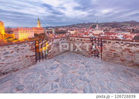 Panoramic view of Cesky Krumlov old town, Czech Republic 126728839