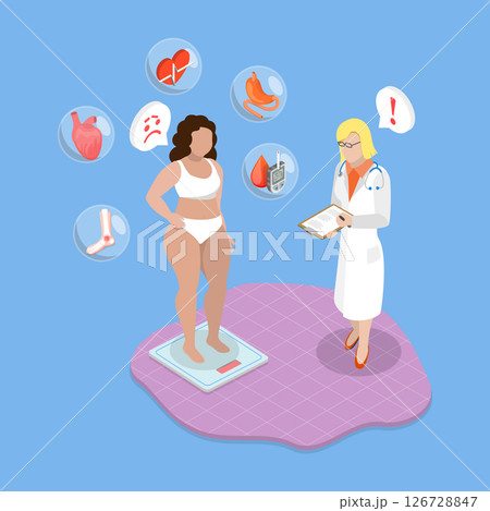 3D Isometric Flat Vector Illustration of Health Care, Obese Patient Attending Physician Appointment 3D Isometric Flat Vector Illustration of Health Care, Obese Patient Attending Physician Appointment 126728847