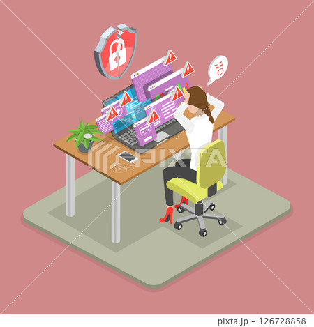 3D Isometric Flat Vector Illustration of Data Breach, Detecting Weaks In Network Security 126728858