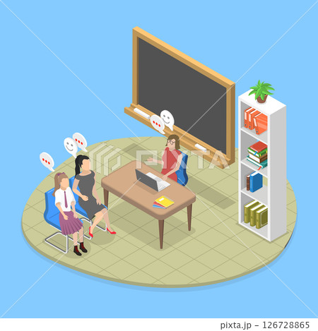 3D Isometric Flat Vector Illustration of School Principal Talking to Father and Mother, Teacher and Parent Meeting 3D Isometric Flat Vector Illustration of School Principal Talking to Father and Mother, Teacher and Parent Meeting 126728865