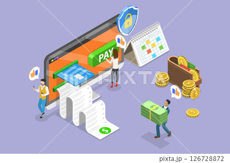 3D Isometric Flat Vector Illustration of Online Bill Payment, Electronic Invoice 3D Isometric Flat Vector Illustration of Online Bill Payment, Electronic Invoice 126728872