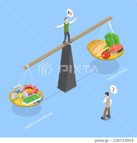 3D Isometric Flat Vector Illustration of Control of Food Intake, Diagram Illustration Of Energy Balance Through Daily Calories Intake And Expenditure 126728958
