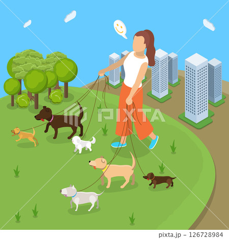 3D Isometric Flat Vector Illustration of Walks With Pets , Woman Strolls With Animals At Park 126728984