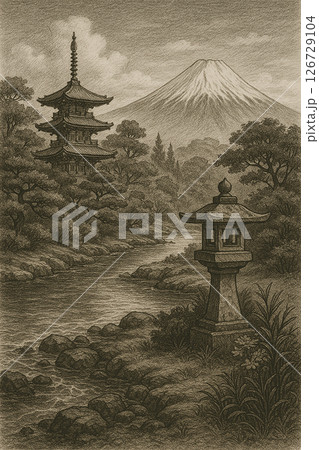 富士山と石灯籠と五重塔 富士山と石灯籠と五重塔 126729104