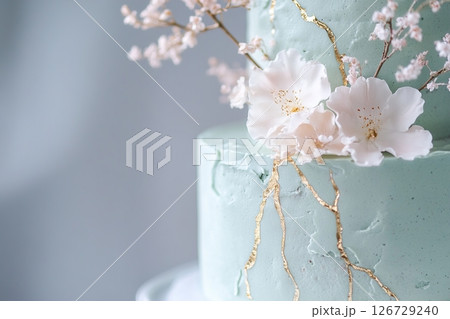 Soft sage green cake features exquisite pressed edible flowers and gold leaf veins, creating an elegant centerpiece for an eco-friendly celebration. Perfect for weddings or special occasions 126729240