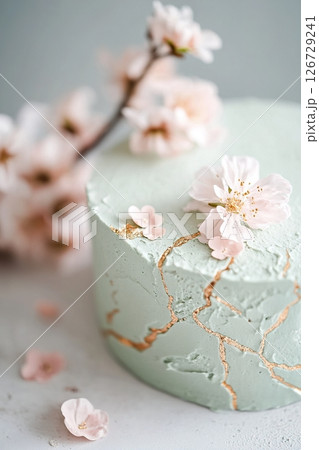 Delicate sage green cake features pressed edible flowers and gold leaf veins, offering a sophisticated touch for events celebrating nature and eco-friendly aesthetics 126729241