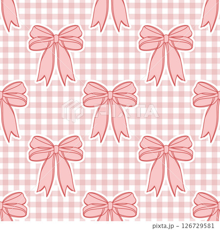 Seamless pattern, hand drawn elegant pink bows on gingham checkered fabric. Flirty background, wallpaper. 126729581