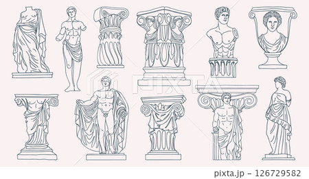 Collection of ancient Greek and Roman sculptures and architectural elements in Line Art. Sketch outline illustration. Collection of ancient Greek and Roman sculptures and architectural elements in Line Art. Sketch outline illustration. 126729582