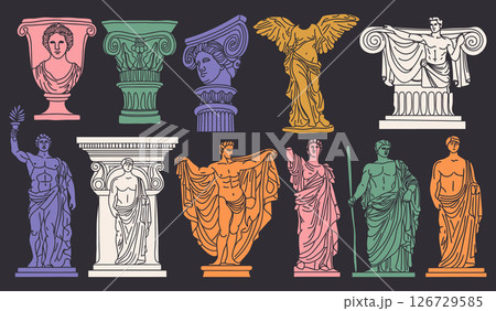 Antique aesthetics statues, sculptures and architectural elements, columns. Illustrations of antique statues for poster design, wall, pattern, collage. 126729585