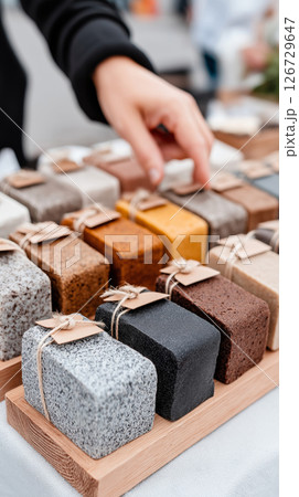 Hand selecting natural handmade soaps displayed on wooden trays at outdoor market 126729647
