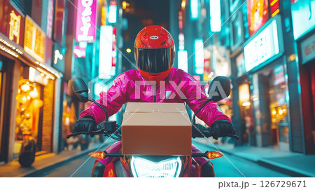 Asian male delivery driver on motorcycle in vibrant cityscape at night 126729671