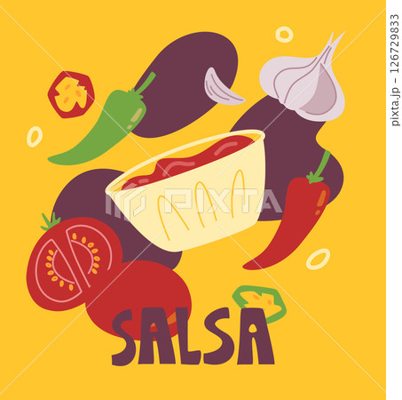 Salsa sauce and ingredients. Tomatoes, chili pepper, onion, garlic,cilantro. Salsa sauce and ingredients. Tomatoes, chili pepper, onion, garlic,cilantro. 126729833