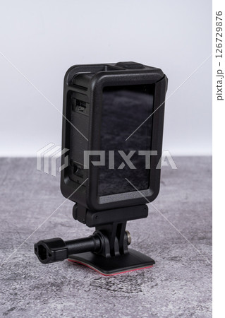 black action camera front view placed on the table black action camera front view placed on the table 126729876