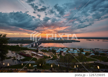 Sunset Over Strelka: Kanavinsky Bridge and Alexander Nevsky Cathedral 126729895