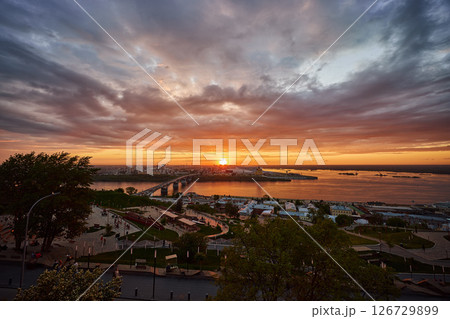 Sunset Over Strelka: Kanavinsky Bridge and Alexander Nevsky Cathedral 126729899