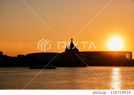 Sunset Silhouette of Alexander Nevsky Cathedral in Nizhny Novgorod 126729910
