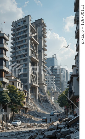 Collapsing Skyscraper After Disaster in Urban Landscape Collapsing Skyscraper After Disaster in Urban Landscape 126730111