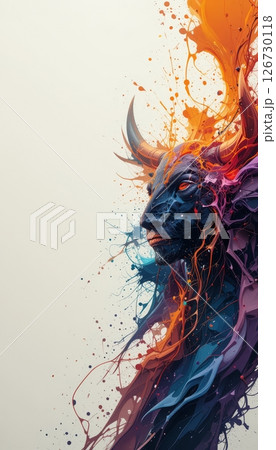 Abstract Bull Head with Vibrant Paint Splatter and Intense Gaze 126730118