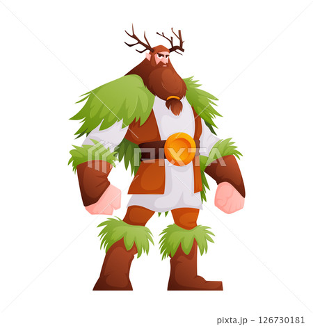 Forest Guardian with Antlers and Green Foliage Armor Cartoon Style Character 126730181