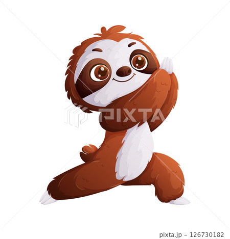 Cartoon Sloth Practicing Yoga, Cute Animal in Warrior Pose, Isolated on White. 126730182