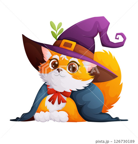 Cute Cartoon Fox Dressed as a Witch, Halloween Theme, Fantasy Character Design. 126730189