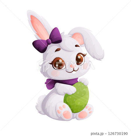 Cute Easter Bunny Girl Holding Decorated Green Egg, Cartoon Vector Illustration 126730190