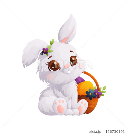 Cute Easter Bunny with Basket, Adorable Rabbit Celebrating Holiday Season. 126730191